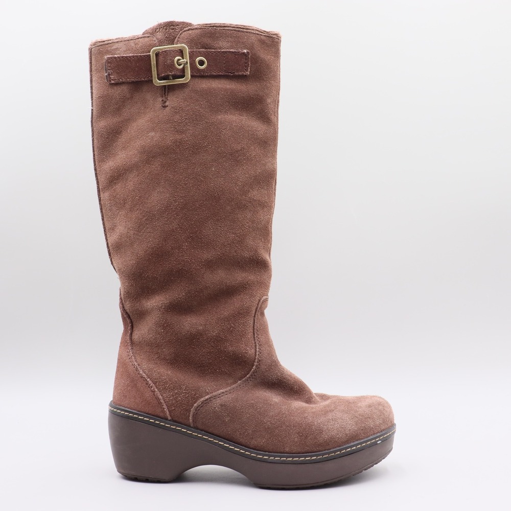 Crocs Cobbler Suede Knee High Boots Size 7 Brown Faux Fur Lined Wedge Heel Y2K